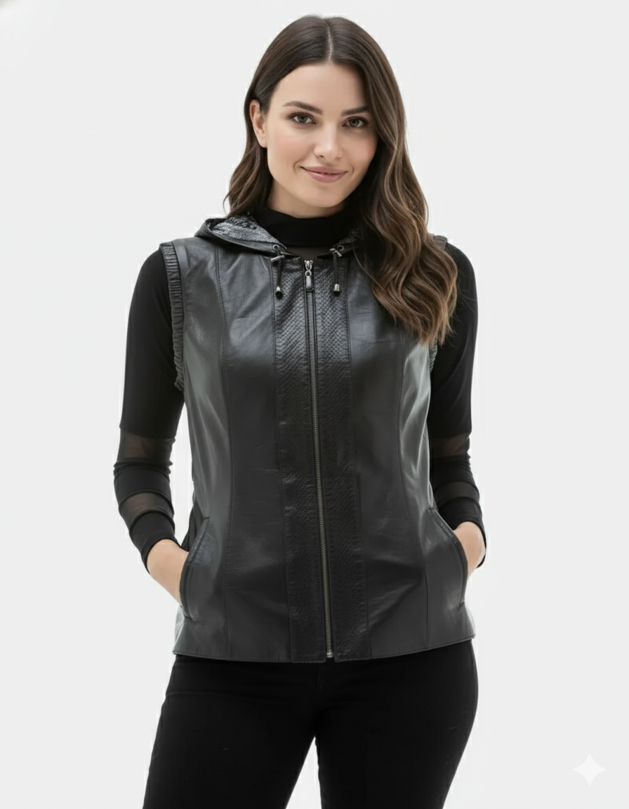 Women's black leather vest with attached hood, full-length center zipper, and mixed texture panels.